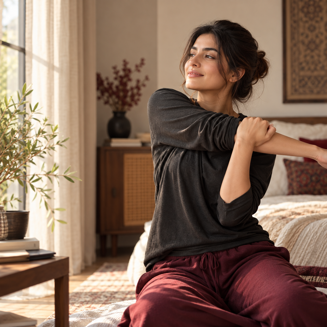 Woman stretching comfortably at home